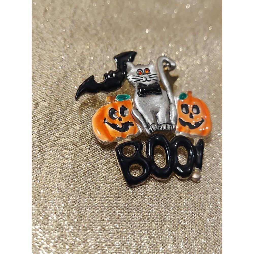 Vintage AJMC Large Halloween Cat Jack O Lantern Bat Boo Enamel Pewter Brooch Pin - Picture 5 of 12